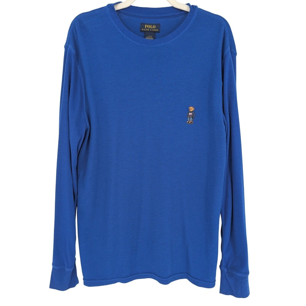 Polo Ralph Lauren Waffle‎ Knit Men L Blue Polo Bear USA Flag Shirt Lounge Preppy